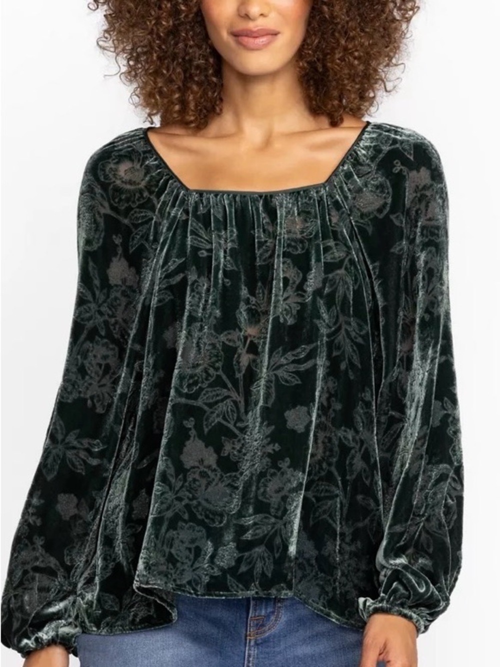 Johnny Was Jade Natalia Silk Peasant Blouse Green Velvet Floral Size Large